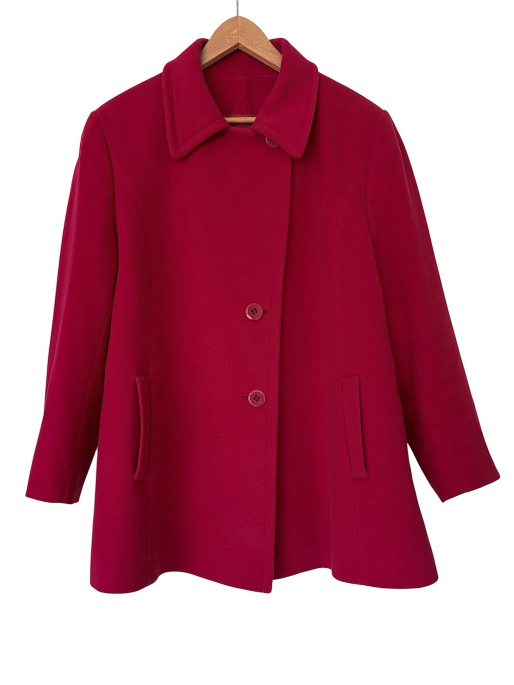 Vintage Mallia Wool Cashmere Red A-Line Pea Coat Button Front Cozy Sz 16 Fits XL